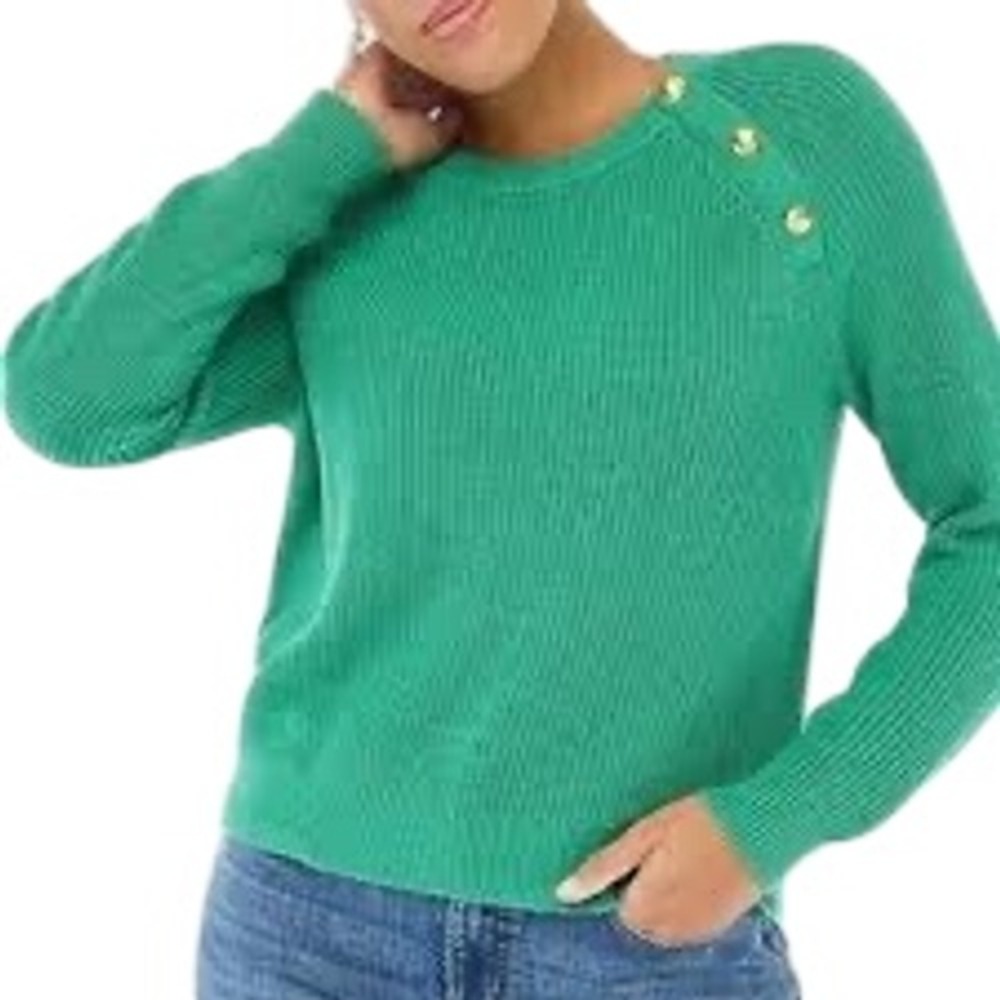 J.Crew Teal Green Button Shoulder Green Shaker Stitch Sweater Womens Small